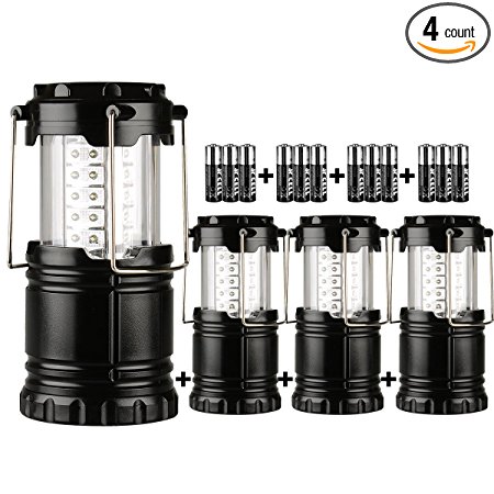ZTX Portable Outdoor Super Bright 30LEDs Camping Lantern with 12 AA Batteries (Black, Collapsible) 4 Packs