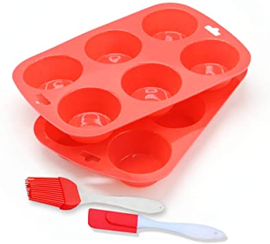 6 Cups Muffin Tray - Silicone Muffin and Cupcake Baking Mould, Muffin & Cupcake Tins & Moulds, Non Stick/Dishwasher - Microwave Safe(2pack) (Red Red)