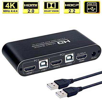 AIMOS 2 Ports HDMI KVM Switcher Box Support 4K @60HZ 3D and Wireless Keyboard Mouse, for One Set of Keyboard and Mouse and HD Display Share 2 Computers