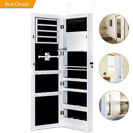 Jewelry Cabinet Armoire with Mirror Led Light Wall Door Mounted Organizer Storage,White