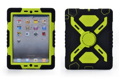 Pepkoo Ipad 2/3/4 Case Plastic Kid Proof Extreme Duty Dual Protective Back Cover with Kickstand and Sticker for Ipad 4/3/2 - Rainproof Sandproof Dust-proof Shockproof (Black/green)