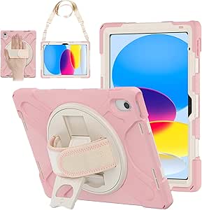 ZenRich iPad 10th Generation Case 10.9'' 2022, zenrich iPad 10th Gen 10.9 Rugged Shockproof Protective Case with Pencil Holder Kickstand Hand Strap and Shoulder Strap, Sakura Pink