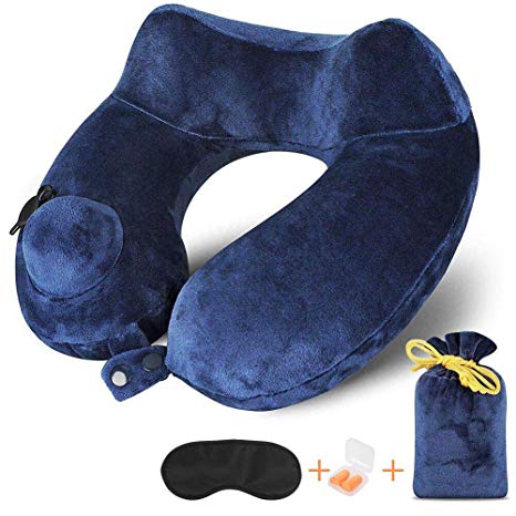 Inflatable Travel Pillow for Airplanes, Auto-inflating Neck Pillow with Super Soft Velvet Cover, Two Adjustable Snap Tabs for Any Sizes, Travel Kit with Earplug, Sleep Mask and Bag (2-year warranty)