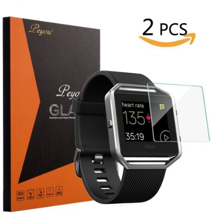 Fitbit Blaze Screen Protector, Peyou [2PCS] [Tempered Glass Screen Protector] [Bubble-Free] [Crystal Clear 9H Hardness] [Scratch-Resistant] Premium Tempered Glass For Fitbit Blaze Smart Watch 2016