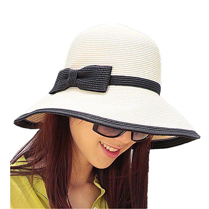 Home Prefer Womens Straw Sun Hat UPF50  Wide Brim Floppy Hat Summer Beach Cap