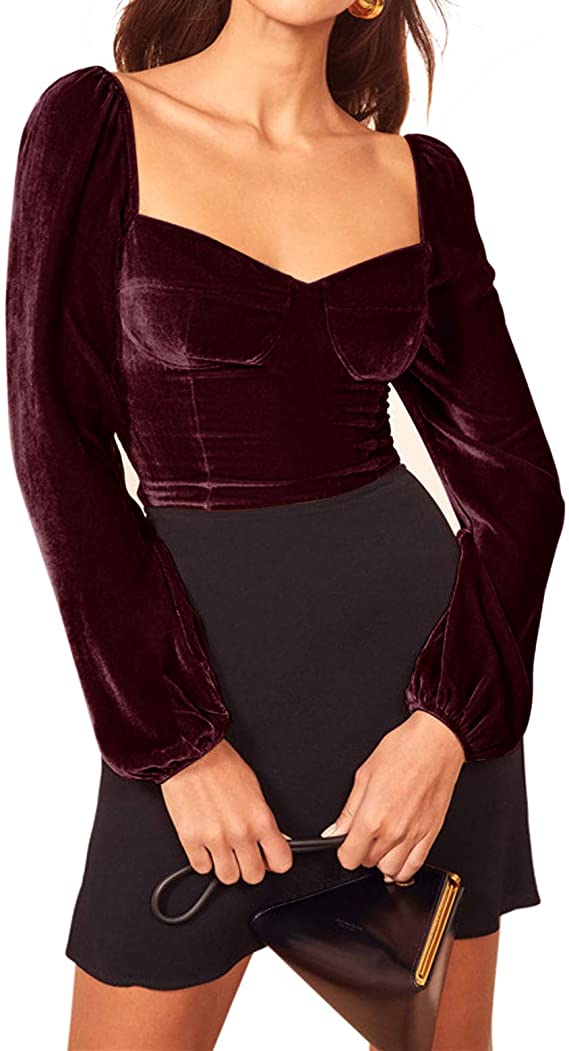 R.Vivimos Women's Fall Velvet Long Sleeves Square Neckline Casual Vintage Crop Tops Blouse