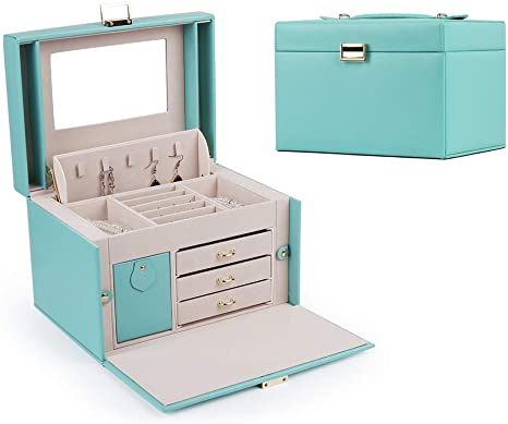 DerBlue Jewelry Box Jewelry case Jewelry Organizer Box for Women, Large Functional Faux Leather Jewelry Organizer, Huge Jewelry Storage Case (Tiffany Blue)