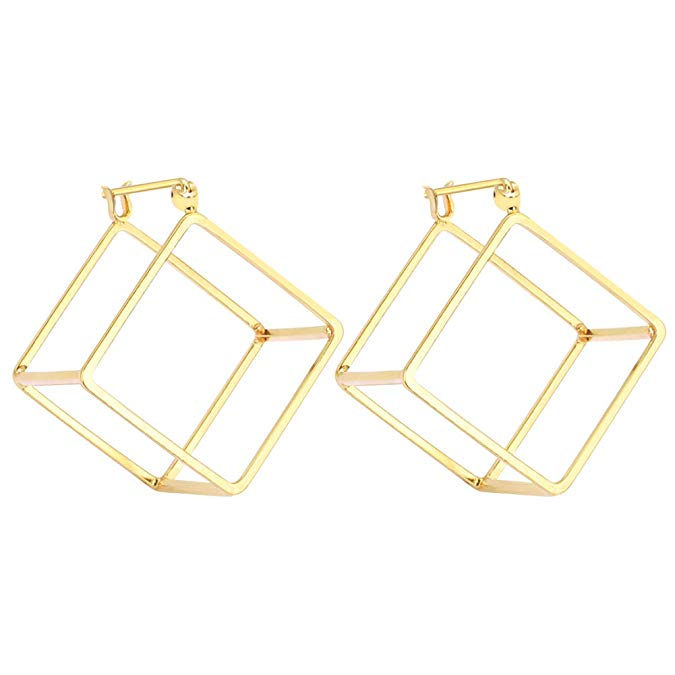 Rugewelry Geometric 3D Cube Square Triangle Earrings 18k Gold Plated Stud Earrings For Women,Girls' Gifts