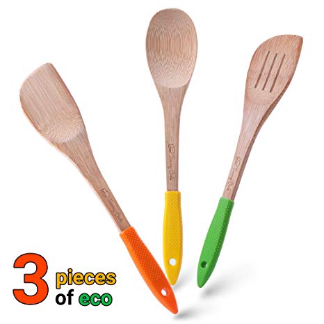 Timmy Cook Wooden Spoons for Cooking - Healthy Cooking Natural Bamboo Utensils - Premium Nonstick Spatula Set - Durable Bamboo Utensil Set - Best Serving Utensils with Ergonomic Silicone Handles