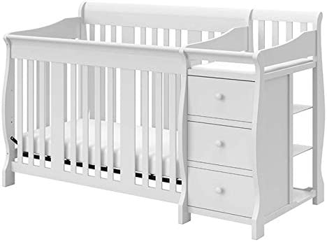 Pemberly Row 4-in-1 Convertible Crib and Changing Table Combo in White, Three Level Adjustable Mattress Height, Easily Converts to Toddler Bed or Day Bed