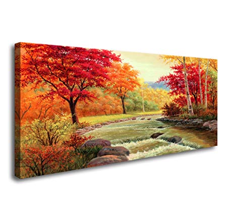 Moyedecor Art - Autumn Red Trees Forest Mountain Waterfall Canvas Print Paintings For Wall And Home Décor Office Gifts Art Ready to Hang