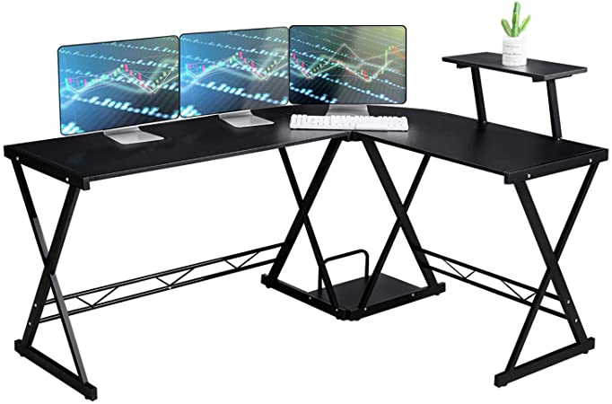 GreenForest L Shaped Desk Large Size with Moveable Shelf, 64”x50” Studio Table Home Office Computer Corner Desk for Working Studying Gaming PC Workstation, Black