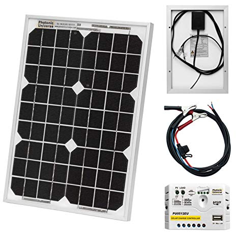10W 12V Photonic Universe solar power kit with 5A charge controller and battery cables for a motorhome, caravan, camper, boat or any 12V system (10 watt)