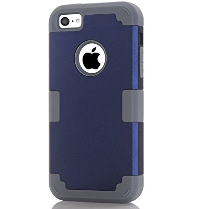 iPhone 5C Case. LUOLNH Hard PC Shell and Soft Silicone Hybrid 3 in 1 Pieces Shockproof Anti-Scratch Combo Cover for iPhone 5C(Dark Blue/Grey)