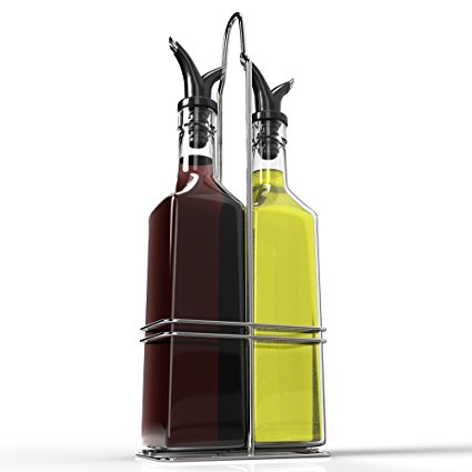 Royal Oil and Vinegar Bottle Set with Stainless Steel Rack - Olive Oil Dispenser with Removable Cork - Dual Spouts for Small/Large Pouring - BPA Free Premium Glass and Rubber Stopper