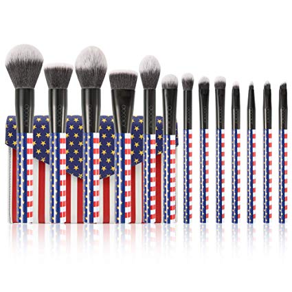 Docolor Makeup Brushes 13PC Stars & Stripes Makeup Brush Set With Case Premium Synthetic Kabuki Foundation Blending Face Powder Mineral Eyeshadow Make Up Brushes Set With Travel Bag Gift Box Set