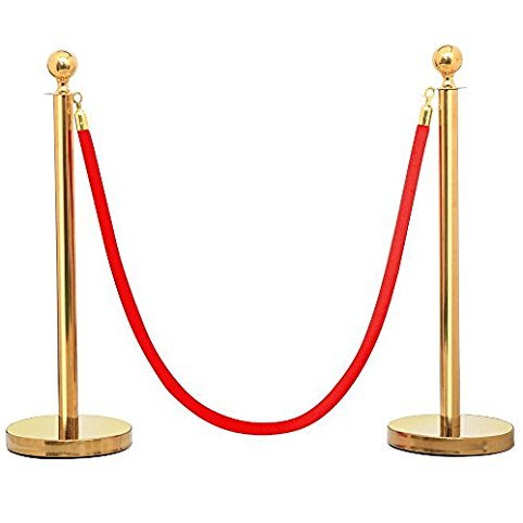 Yaheetech Round Top Stainless Plated Stanchions, Set of 2 Posts with 1 of 6.5ft Red Velvet Rope, Gold