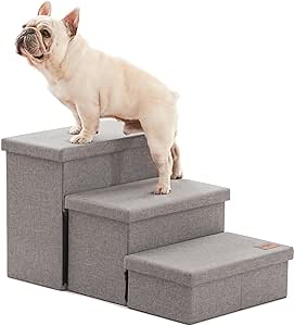 Love's cabin Dog Stairs for Small Medium or Large Dogs with Storage and Adjustable Steps, Foldable Dog Steps for Bed or Couch, 3-Step Gray Folding Cat Dog Ramp with Zip up to 200 lbs, Solid Grey