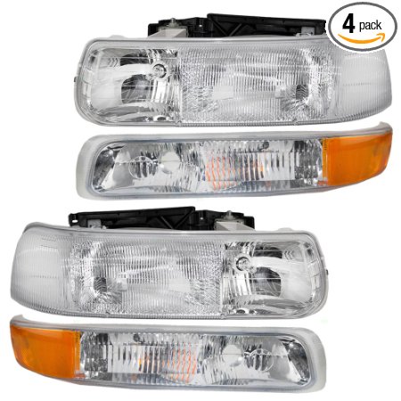 4 Pc Set of Headlights & Side Signal Marker Lamps for Chevrolet Pickup SUV 16526133 16526134 15199558 15199559