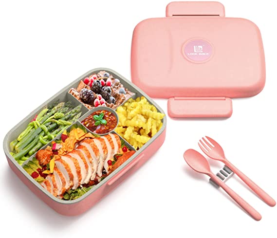 Bento Boxes Lunchbox for Adults, Kids& Toddler, Hot/Cold Food Storage, Biodegradable Wheat Straw Leakproof Large Capacity Container with Cutlery, 5 Compartments, BPA-Free, Dishwasher& Microwave Safe