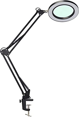 Psiven LED Magnifying Lamp, Dimmable Magnifier Desk Lamp/Task Lamp with Clamp (3 Lighting Modes, 10W, 5 Diopter, 4.1'' Glass Lens) Highly Adjustable Swing Arm Craft, Workbench, Drafting, Work Light