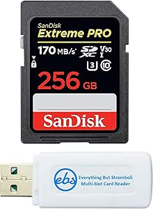 SanDisk 256GB Extreme Pro SD Card SDXC UHS-I Card for Cameras Works with Canon 77D, 80D, 70D, 6D, 60D (SDSDXXY-256G-GN4IN) UHD Video Class 10 Bundle with 1 Everything But Stromboli Memory Card Reader