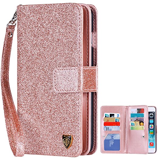 iPhone 6S Case,iPhone 6 Wallet Case, BENTOBEN Luxury Shiny Bling Flip Folio Wallet Case Credit Card Slots Cash Holder Nickel Plated Press Stud Wrist Strap Magnetic Snap Closure, Rose Gold