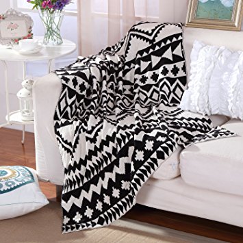 Knitting Blanket Jacquard Soft Sofa Cover Baby Receiving Blanket Warm, 43 by 50inch (110x130cm), Black& White Pattern US Style