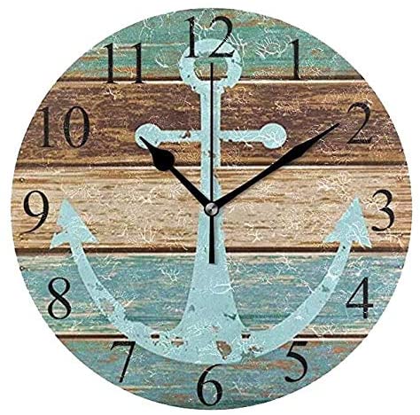 Wamika Round Wall Clock Vintage Anchor Wooden Rustic Country Clock Silent Non Ticking Decorative,Wooden Planks Nautical Theme Clocks 10 Inch Battery Operated Quartz Analog Quiet Desk Clock for Home
