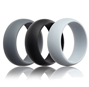 Mens Silicone Wedding Ring Wedding Band - 3 Rings Pack - 8.7mm Wide (2mm Thick) - Black, Gray, Light Gray