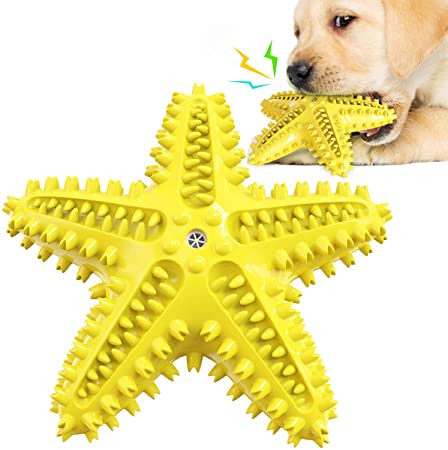 Dog Toothbrush Chew Toys, Starfish Interactive Dog Toys, Cleaning Puppy Dental Care Toys, Squeaky Dog Toys for Small Medium Large Dogs and Puppies (Yellow)