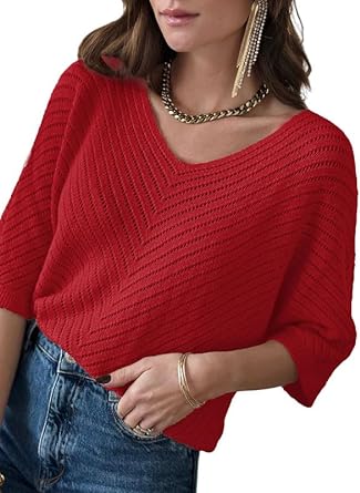 Dokotoo Women's 2023 Summer Spring Casual 3/4 Sleeve Solid Color V Neck Loose Pullover Knit Fall Sweaters Tops