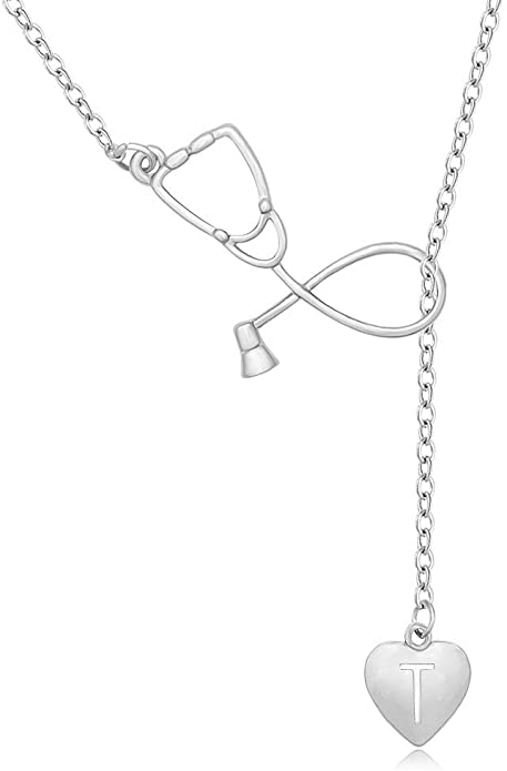 MANZHEN Silver Stethoscope Lariat Necklace Heart Charm Initial Letter Stethoscope for Doctor Nurse