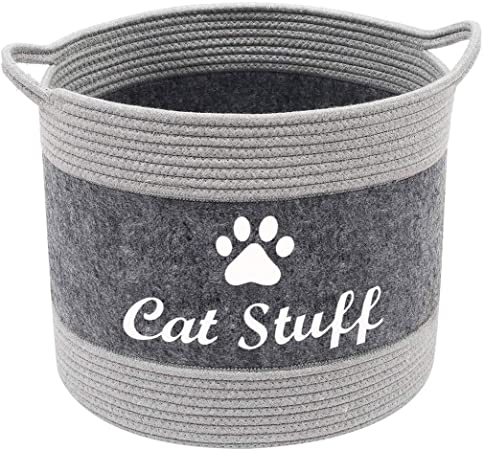 ECOSCO Pets Toy Basket Storage,Cotton Rope Dog Cat Basket with Handle,Pet Toy Storage Boxes for Organizing Pet Toys (A-13x11 in, Cat Stuff)