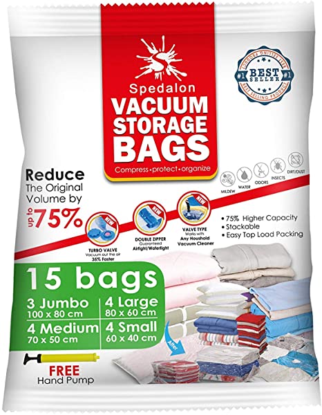 Vacuum Storage Bags - Pack of 15 (3 Jumbo   4 Large   4 Medium   4 Small) ReUsable Space Savers | Free Hand Pump for Travel Packing. Best Sealer Bags for Clothes, Duvets, Bedding, Pillows, Blankets
