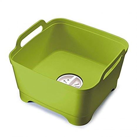 Joseph Joseph 85059 Wash and Drain Dish Tub Plastic Dishpan with Draining Plug Carry Handles for Dishwashing Cleaning 12.4-inch x 12.2-inch x 7.5-inch, Green