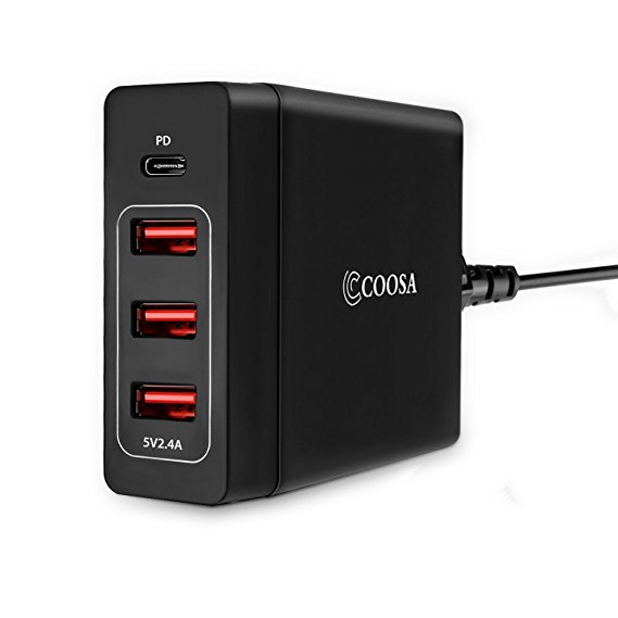 USB C Charger COOSA 4-Port 72W USB Wall Charger with Type-C Power Delivery PD Charger Station for 2017 MacBook Pro, Pixel 2/ Pixel/ Pixel XL Galaxy Note 8/ S8/ S9 Plus(Black)