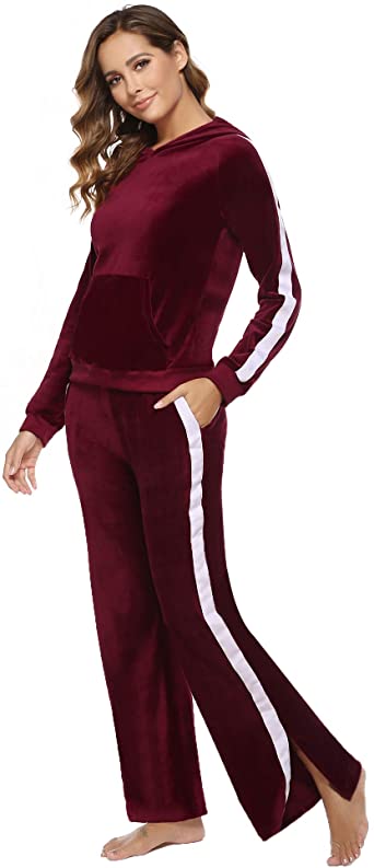 Aibrou Women's Velour Sweatsuit Active Stripe Hoodie Loungewear 2 Piece Tracksuit Set