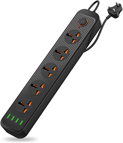 Portronics Power Plate 6 with 4 USB Port   5 Power Sockets 2500W Surge Protector/Power Converter, Cord Length 3Mtr (Black)