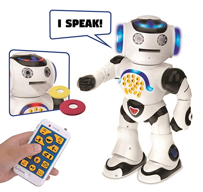 LEXIBOOK Powerman Remote Control Walking Talking Toy Robot, Educational Robot, Dances, Sings, Reads Stories, Math Quiz, Shooting Discs, & Voice Mimicking, Black/White, ROB50EN