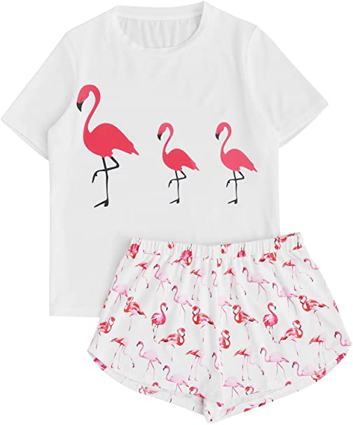 DIDK Women's Cute Cartoon Print Tee and Shorts Pajama Set