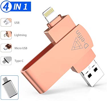 D-elfin USB Flash Drive, Photo Stick for iPhone Memory Stick Backup Drive iOS Pendrive 128GB Photostick Mobile for External Storage iPad USB 3.0 iPhone OTG Android Type C iPhone Jump Drive (Pink)