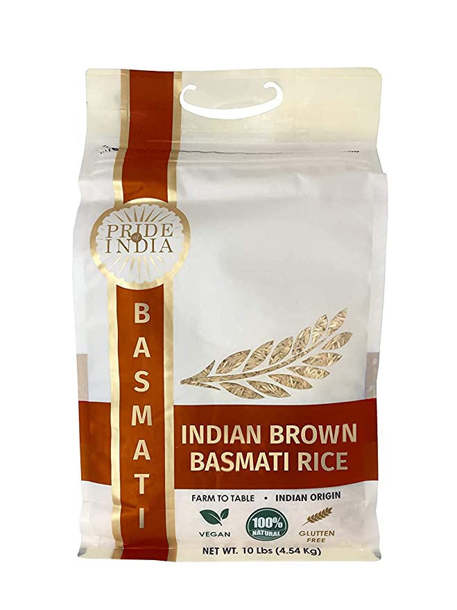 Pride Of India - Extra Long Indian Premium Brown Basmati Rice, 10 Pound (4.54 Kilo) Reclosable Bag - Naturally Aromatic, Aged, Flavorful, Slender, Non Sticky Whole Grains - 100  Servings - Great Value