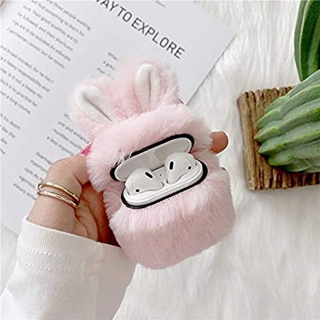 for Apple Airpods Cover Case Accessories Protective Winter Keep Warm Cute Rabbit Ears Fluffy Silicone Fur Headphones Cases Box for Airpod 2/1 Cartoon Earphone (Pink)