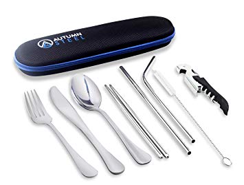Travel Utensils 9-Piece Portable Camping Cutlery Set Stainless Steel Flatware Fork Knife Spoon Straws Cleaning Brush Chopsticks Wine Bottle and Can Opener Premium Durable Reusable EVA Case AutumnSteel