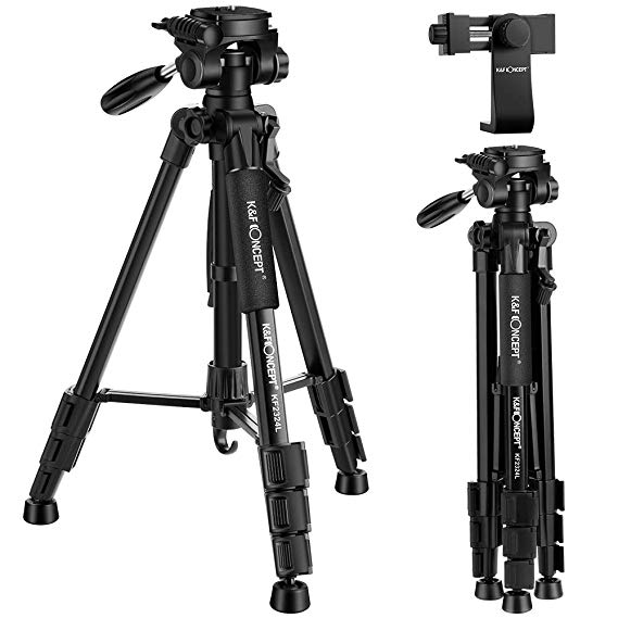 Flexible Travel Tripod for Camera and Phone, K&F Concept 56"/142cm Portable Tripod Compact Video Lightweight Outdoor Aluminum Tripod with 3-Way Pan Tilt Head Cellphone Holder Smartphone Clip for Phone DSLR Video Camera