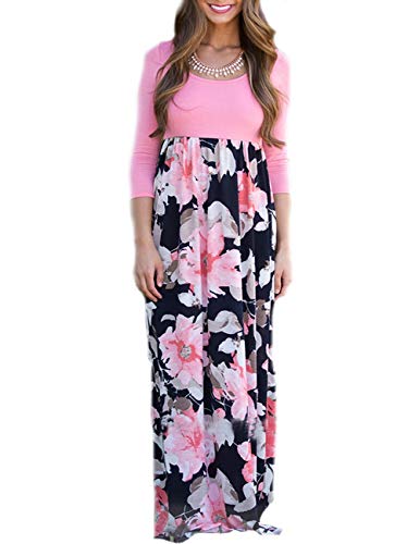 SUNNOE Women's Floral Printed 3/4 Sleeve Scoop Neck High Waist Party Maxi Long Dress Vacation Dress Floor Length