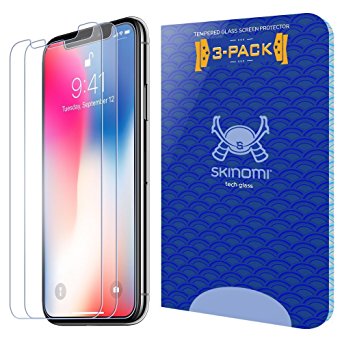 iPhone X Screen Protector [High Responsivity][3-Pack], Skinomi Tempered Tech Glass Screen Protector for Apple iPhone X [Case-friendly][Clear HD][9H][Ultra Thin][Scratch Resistant][Anti-Glare]