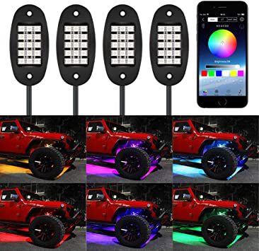 TACHICO RGB LED Rock Lights with APP/Double Remote Control,60 LEDs Multicolor Neon Underglow IP68 Flashing Music Timing Mode Light Kits for Jeep Off Road Truck ATV Motorcycle, DC 12V £¨4 Pods£