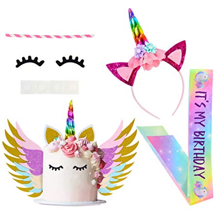 Beinou Unicorn Birthday Party Supplies Favor Set, Unicorn Cake Topper Decor, Rainbow Unicorn Headband with birthday Satin Sash for Kids' Birthday Party Favor Sets